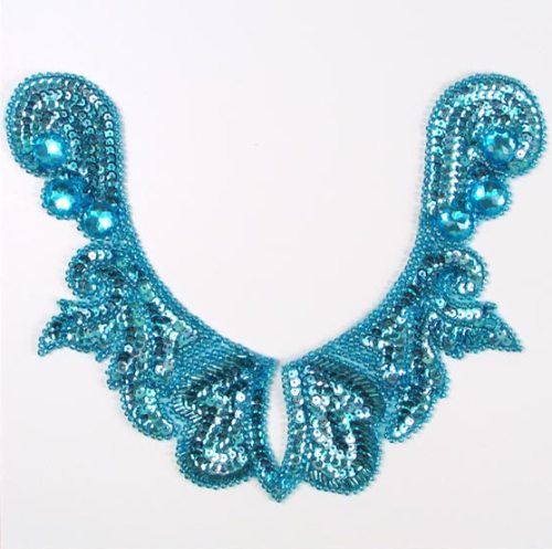 E3426  Aqua Jewel Sequin Beaded Applique Collar 10"-aqua,embellishment,house,collar,jewel,victorian,sewing,clothing,sequin,beaded,bead,sequins,applique,motif,turquoise,trim,trimmings,sewing,beaded,