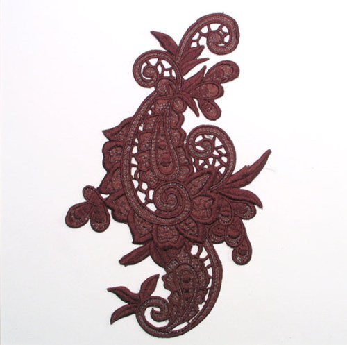 E645  Chocolate Brown Paisley Embroidered Iron On Applique 9.5"