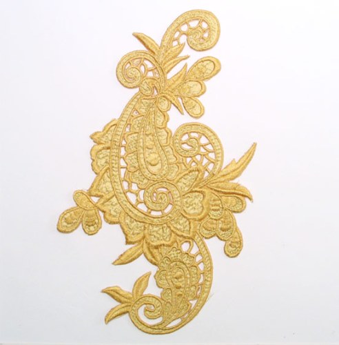 E645  Gold Paisley Embroidered Iron On Applique 9.5"
