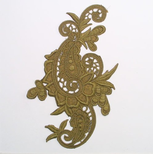 E645 Olive Green Paisley Embroidered Iron On Applique 9.5"-scroll,paisley,flower,floral,olive,green 