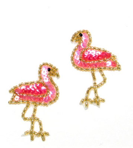 0125 Pink Flamingo Mirror Pair Sequin Beaded Appliques 2"-sequin,beaded,applique,pink,flamingo