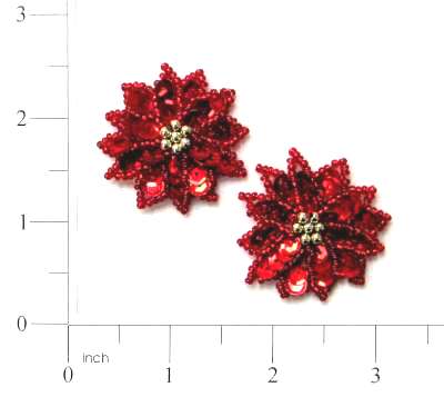E730 (pr) Set of ( 2 ) Red Poinsettia Beaded Sequin Applique
