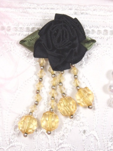 VD19  Black/Gold Floral Dangle Beaded Applique 2.75"