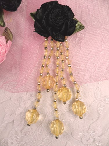 VD21 Black/Gold Floral Dangle Beaded Applique 3.75"