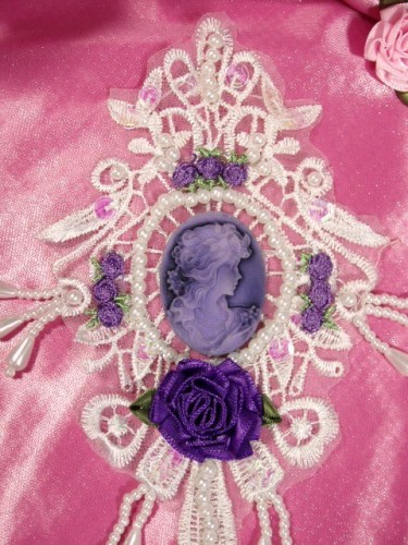 VG33  White Purple Venise Lace Cameo Applique 7.5"-white,embellishment,purple,victorian,cameo,applique,venise,lace,venice