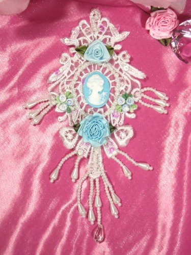 VG35  White Lt. Blue Venise Lace Cameo Applique 7.5"-white,embellishment,blue,victorian,cameo,applique,venise,lace,venice