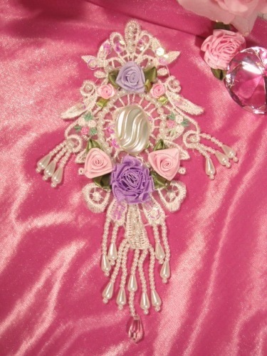 VG40  White Pearl  Pastel Venise Lace  Applique 7.5"-white,embellishment,pink,victorian,cameo,applique,venise,lace,venice