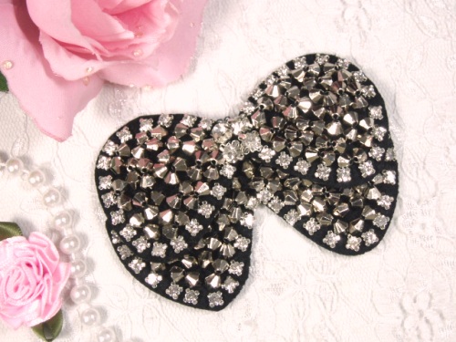 X0002 Rhinestone and Bicone Beaded Bow Applique 3.5"