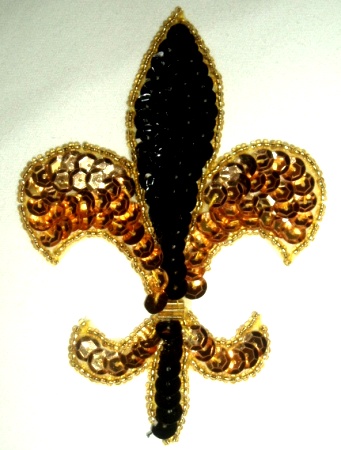 E419M Medium Gold Black Fleur De Leis Sequin Beaded Applique 4.5"