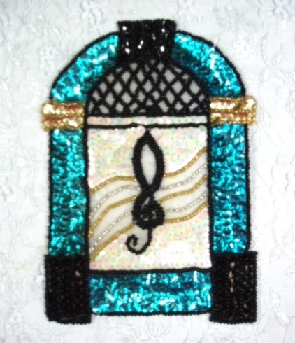 EA23  Turquoise JukeBox Sequin Beaded Applique 6.5"