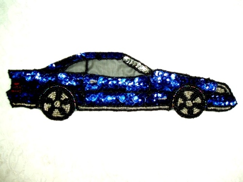 EA26  Blue Car Sequin Beaded Applique 10"