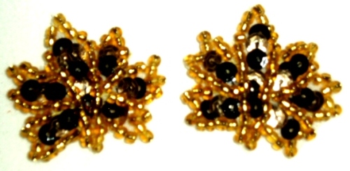 EB18  Set of ( 2 )  Black Gold Leaves Sequin Beaded Appliques 1"