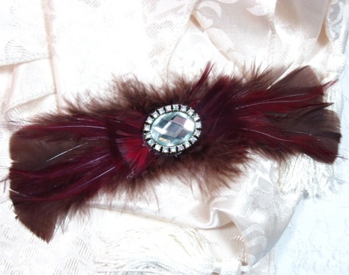FB19  Brown Burgundy Rhinestone Feather Brooch Applique 8"-feather,brooch,applique,brown
