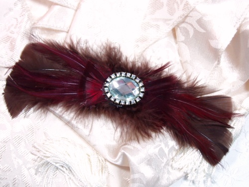 FB19  Brown Burgundy Rhinestone Feather Brooch Applique 8"-feather,brooch,applique,brown