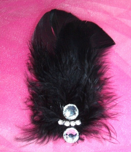 FB17  Black Rhinestone Feather Brooch Applique 4"