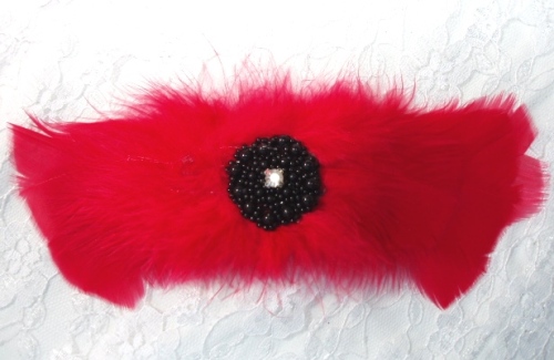 FB21  Red Black Feather Brooch Applique 7.5"