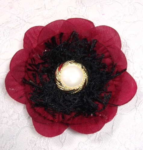 FB24  Burgundy Floral Black Brooch Applique 3.75"-feather,brooch,applique,black,red