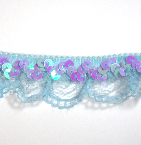 E6186  Lt. Blue Lace Scallop Sequin Stretch Trim 1"-blue,sewing,craft,trim,scallop,lace,stretch