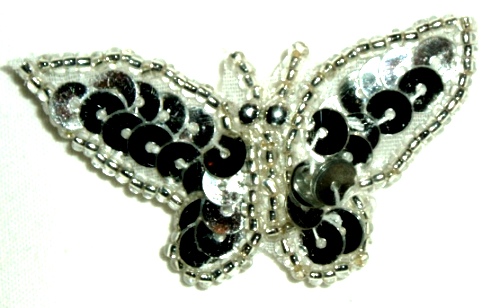LC333  Silver Butterfly Sequin Beaded Applique 1.75"
