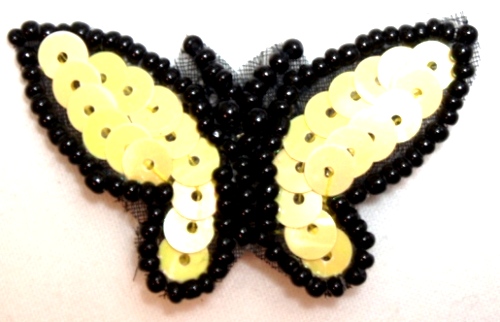 LC335 Black Yellow Butterfly Sequin Beaded Applique 1.75"