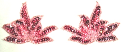 LC351 Mauve Leaf Mirror Pair Sequin Beaded Appliques 3.25"