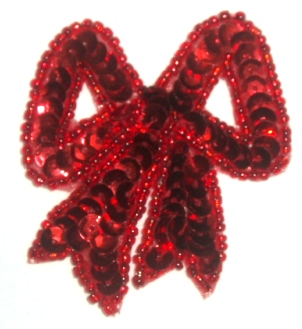 LC359  Red Bow Sequin Beaded Applique  2.25"
