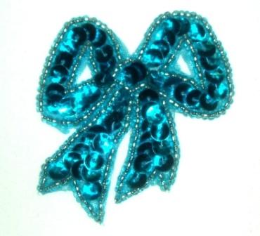LC361  Turquoise Bow Sequin Beaded Applique  3.25"-applique,beaded,turquoise,green,bow,sequin