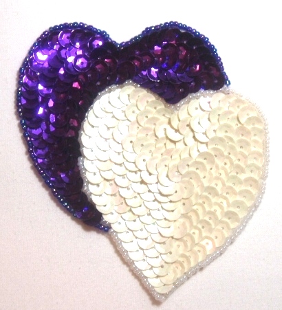 LC362 Purple White Double Heart Sequin Beaded Applique  3.75"