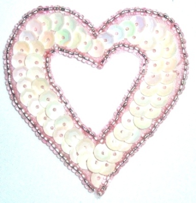 LC363  Pink AB Heart Sequin Beaded Applique  2.25"-applique,beaded,pink,heart,sequin