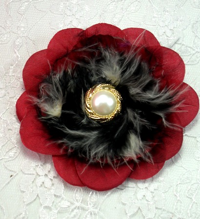 FB23  Burgundy Floral  Feather Brooch Applique 3.75"