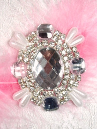 0024 Clear Rhinestone Pearl Beaded  Applique 2.5"