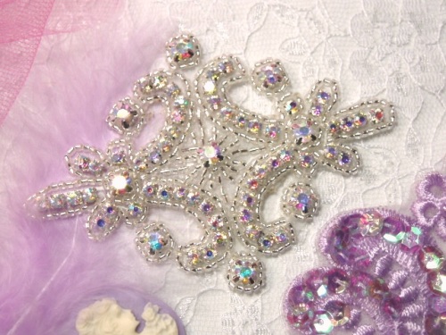 0153  Rhinestone Aurora Borealis Crystal AB Silver Beaded  Applique 4"