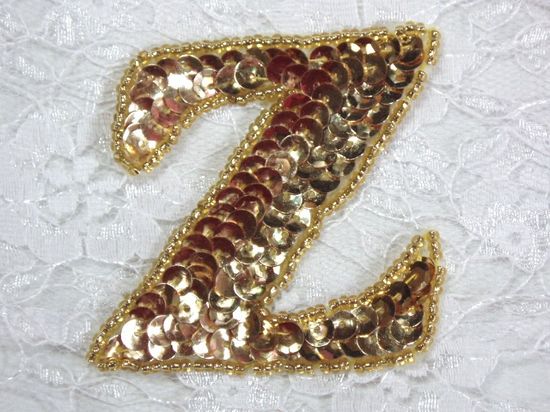 0274A  Letter ( Z ) Sequin Beaded Applique 2.25"-letter,alphabet,gold,sequin,beaded,applique,trimmings,embellishment,orange,rhinestone,oval,motif 
