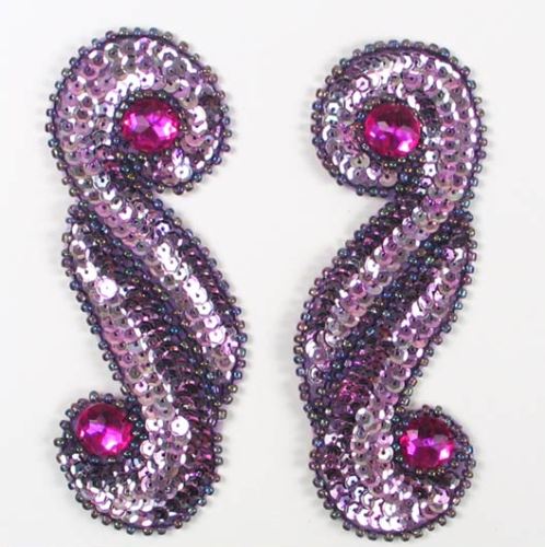 E3424  Violet Mirror Pair Sequin Beaded Appliques  5.25"