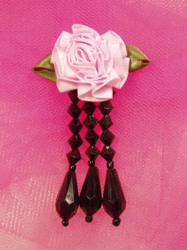 VD1  Pink Black Floral Dangle Beaded Applique 3"