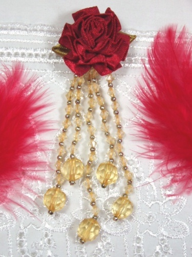 VD21 Red/Gold Floral Dangle Beaded Applique 3.75"-applique,beaded,red,gold,floral,rose,dangle, 