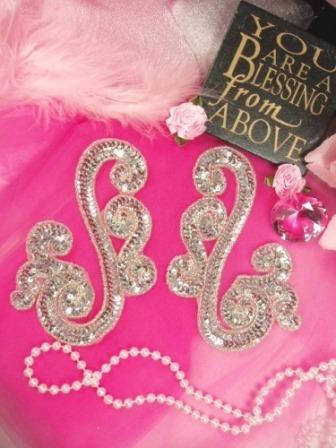 0013 Silver Scroll Mirror Pair Sequin Beaded Appliques-silver,sequin,applique,beaded,trimmings,embellishment,