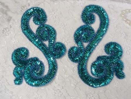 Turquoise Scroll Mirror Pair Sequin Beaded Appliques 0013-turquoise,sequin,beaded,applique,embellishment