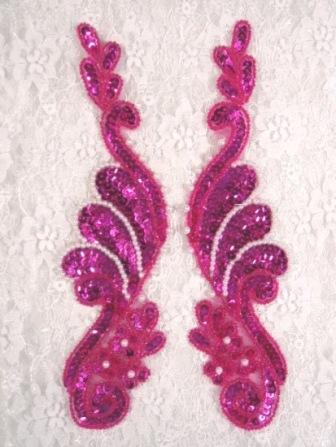 0016 Fuchsia Pearl Mirror Pair Sequin Beaded Appliques 8.5"