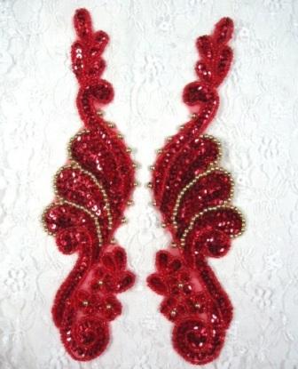 0016  Red Gold Mirror Pair  Sequin Beaded Appliques 8"-applique,sequin,beaded,pair,mirror,red