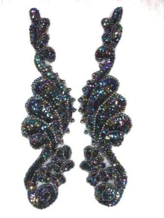0016  Black AB Mirror Pair  Sequin Beaded Appliques 8"