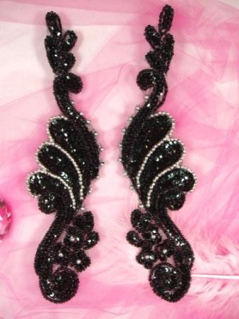 0016  Black Silver Mirror Pair  Sequin Beaded Appliques 8"-applique,sequin,beaded,pair,mirror,black