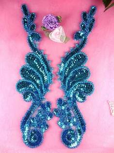 0016  Turquoise Mirror Pair  Sequin Beaded Appliques 8.5"