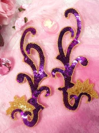 0020  Purple and Gold Mirror Pair Sequin Beaded Appliques 8"-sequin,beaded,applique,gold,purple,mirror,pair