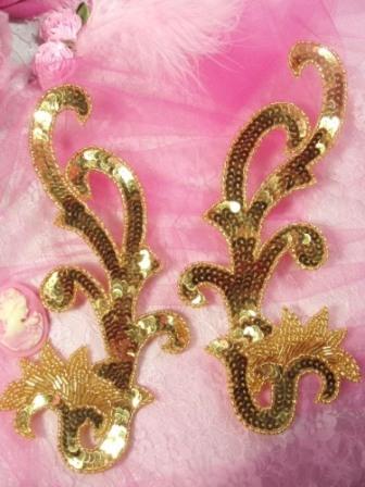 0020  Gold Mirror Pair Sequin Beaded Appliques 8"-sequin,beaded,applique,gold,mirror,pair