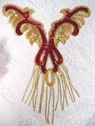 0021 Red Gold Yoke Sequin Beaded Applique 12"-red,gold,holographic,bodice,yoke,sequin,beads,applique,patch,trimmings,beaded,victorian,motif,embellishment
