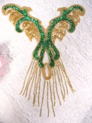 0021 Green & Gold Mardi Gras Yoke Bodice Beaded Sequin Applique 12"