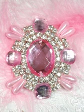 0024 Pink Rhinestone Pink Pearl Beaded  Applique 2.5"-embellishment,sewing,beaded,bead,applique,pink,rhinestone,pearl,brooch