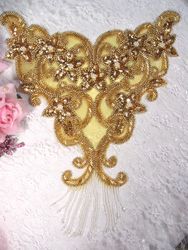 0492  Gold Pearl Bodice Beaded Sequin Applique 13"