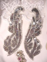 0033 Silver Mirror Pair Sequin Beaded Appliques 6.25"-silver,sequin,beaded,beads,sequins,motif,applique,mirror,pair,left,right,victorian,trimmings,patch